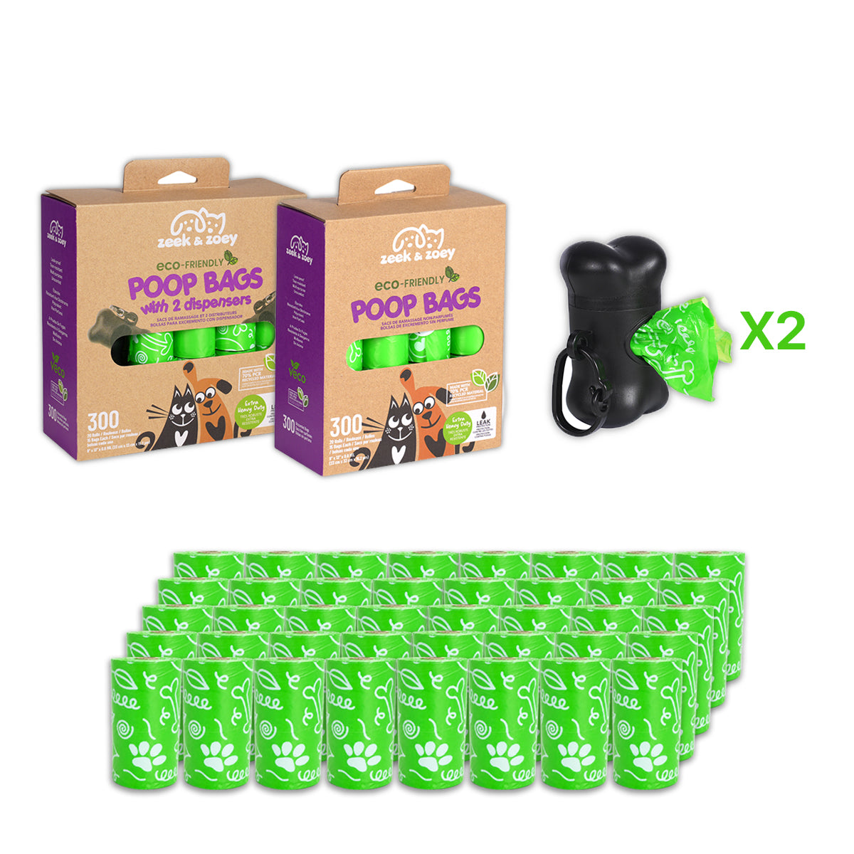 Zeek & Zoey Eco-Friendly  Poop Bags With 2 Dispensers