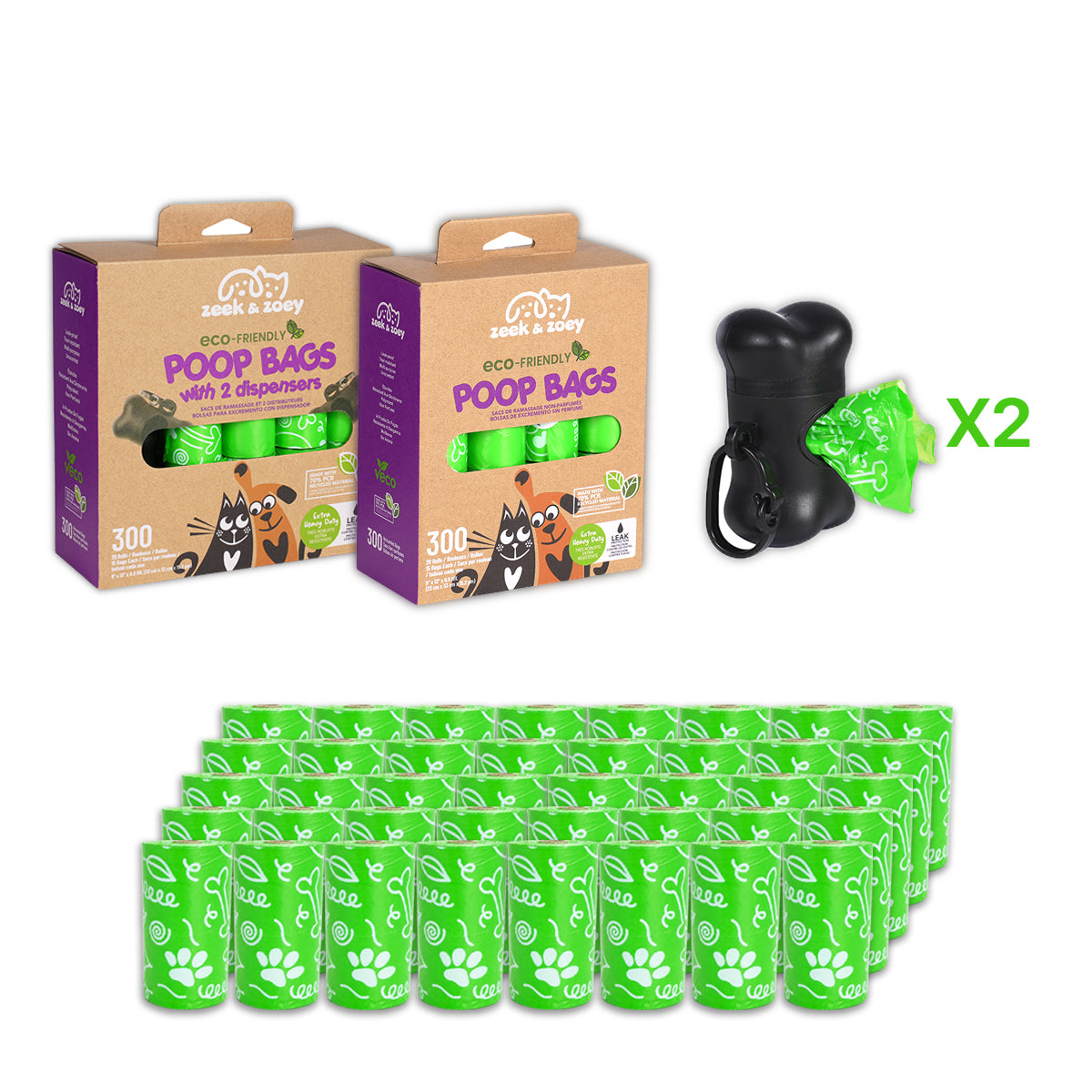 Zeek & Zoey Eco-Friendly  Poop Bags With 2 Dispensers