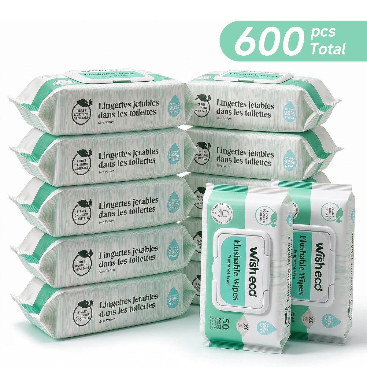 Wish Eco Flushable Wipes, Fragrance Free, 50 Count per Pack