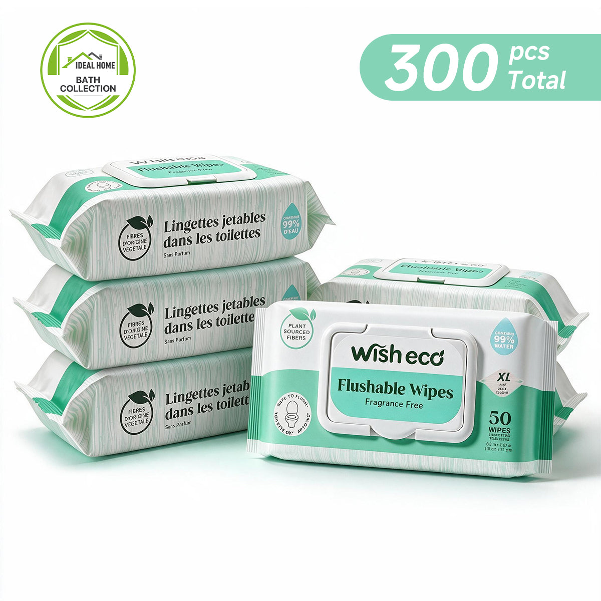 Wish Eco Flushable Wipes, Fragrance Free, 50 Count per Pack