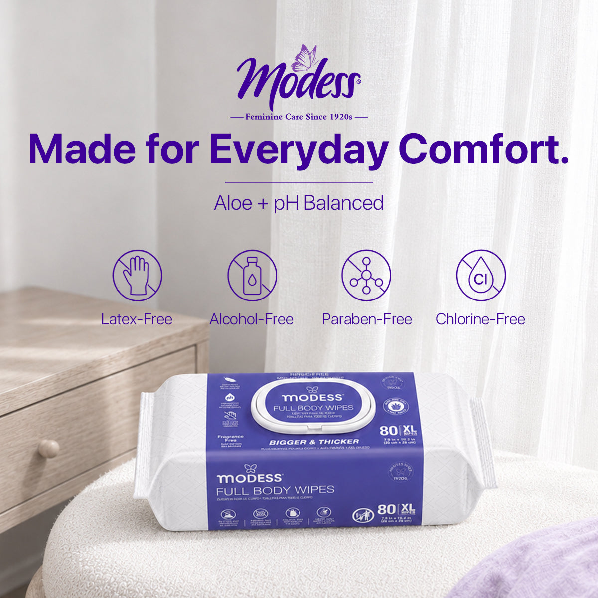 Modess Full Body Wipes 80CT, Fragrance Free