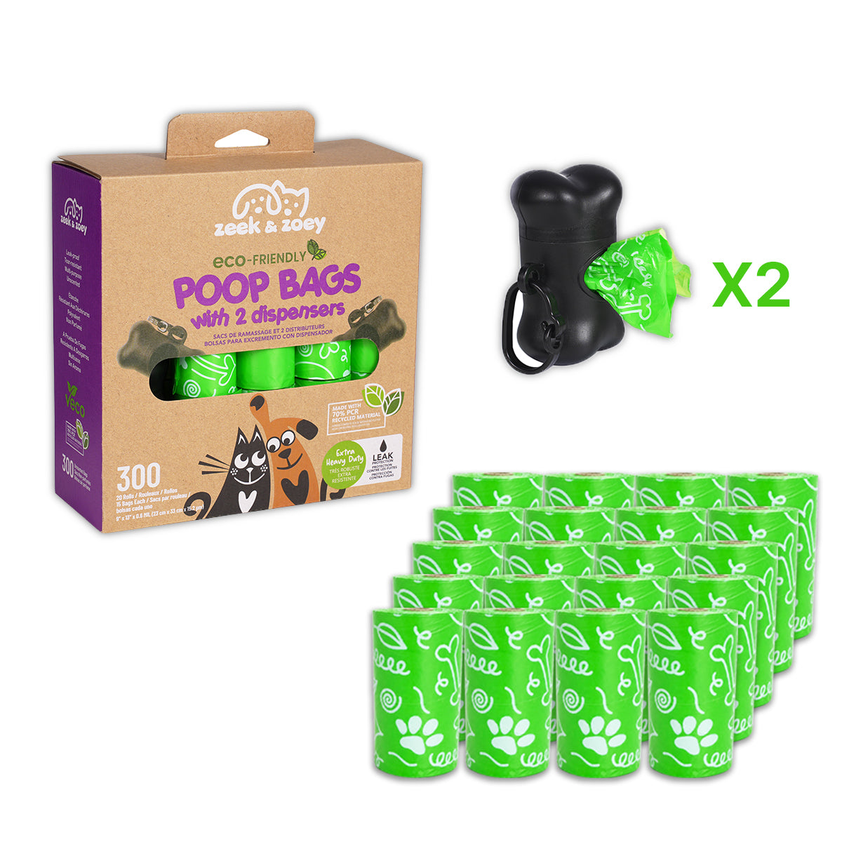 Zeek & Zoey Eco-Friendly  Poop Bags With 2 Dispensers